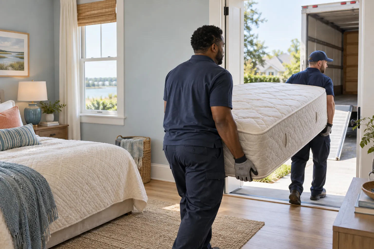 Two removal workers carrying a mattress from a bright bedroom toward a truck