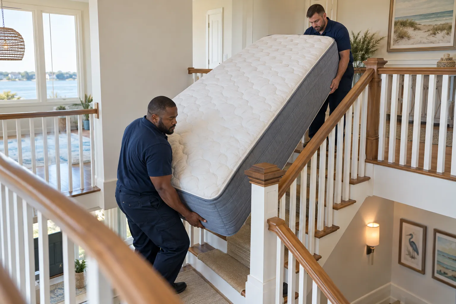 Two workers carefully moving a mattress down a residential staircase
